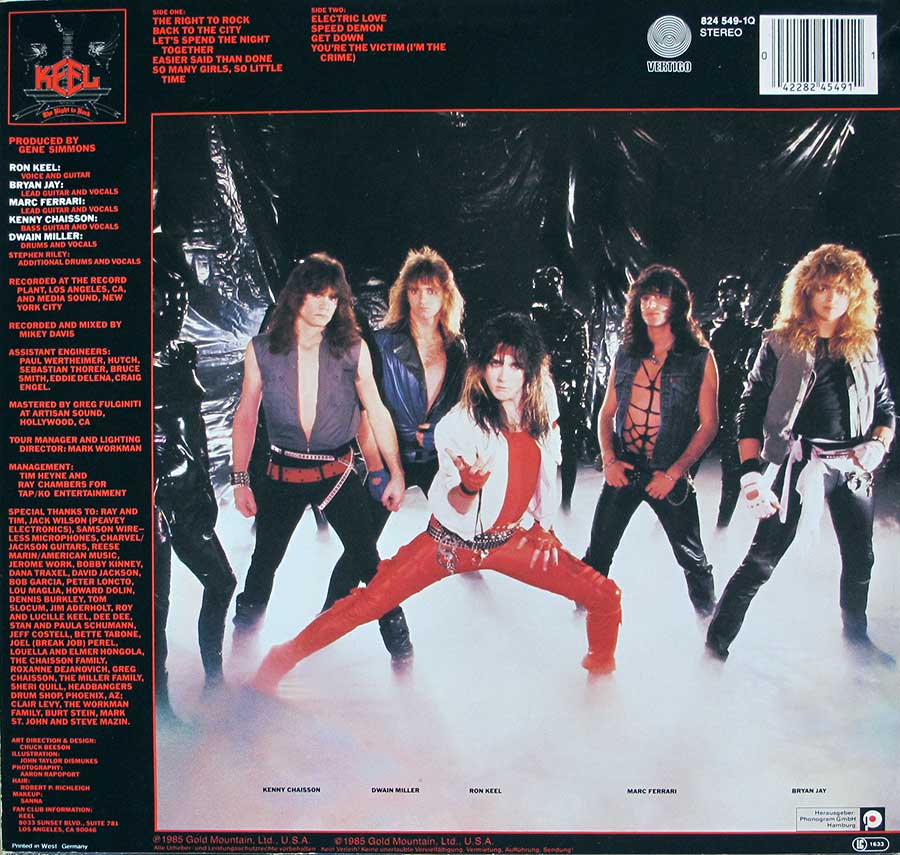 Large photo of the KEEL band on the album back cover 