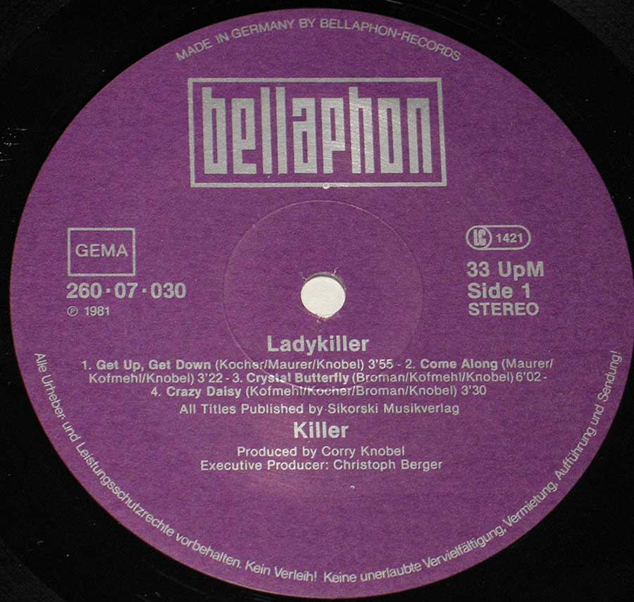 Close up of record's label KILLER - Ladykiller Swiss Heavy Metal 12" Vinyl LP album Side One
