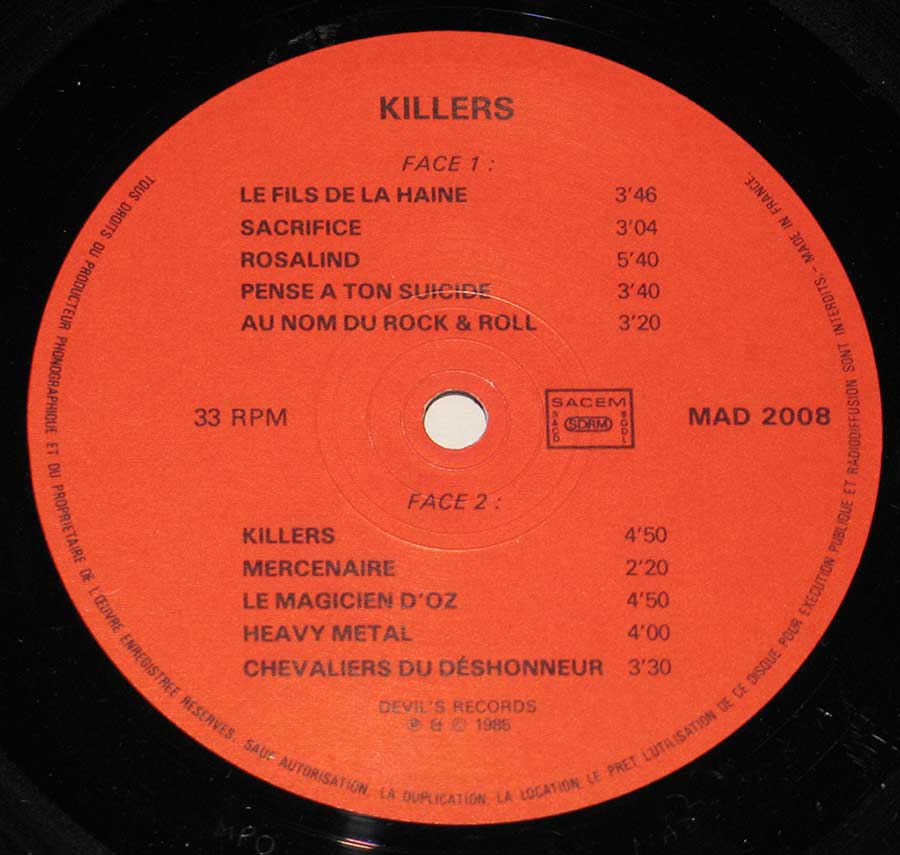 Close up of record's label KILLERS - Fils de la Haine Side Two