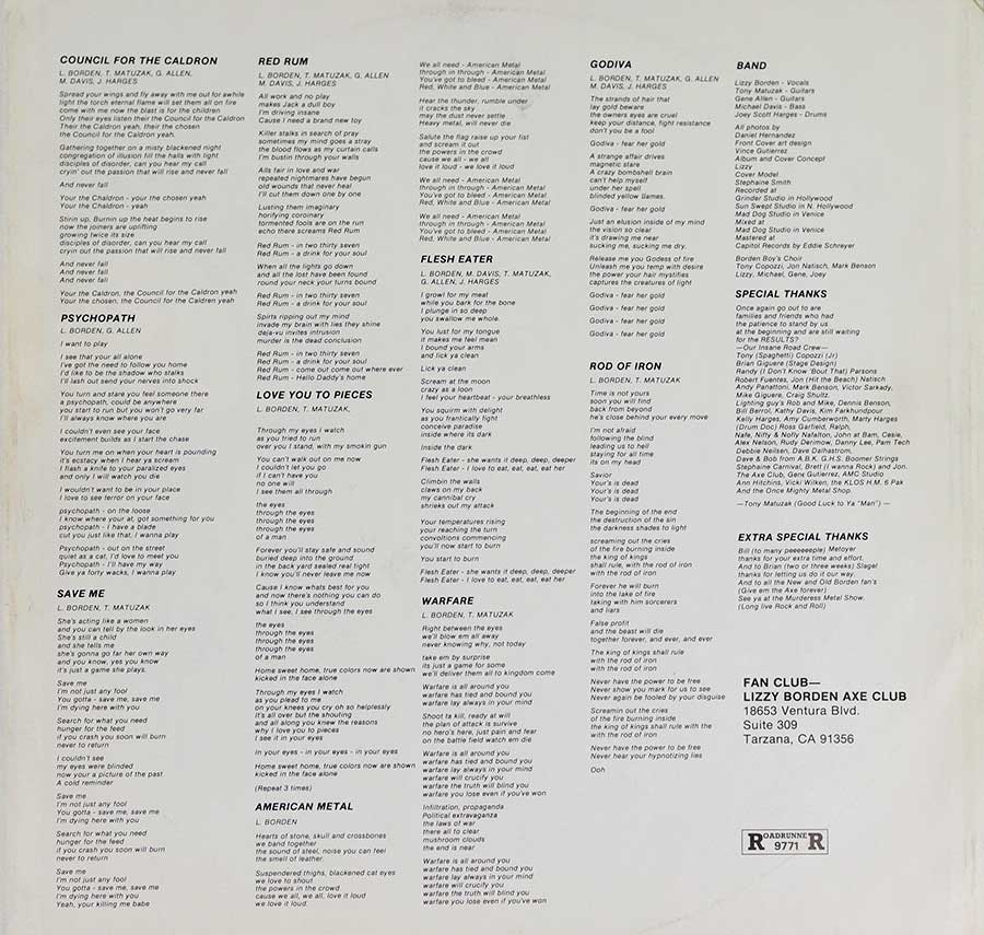 LIZZY BORDEN - Love You To Pieces 12" Vinyl LP Album custom inner sleeve