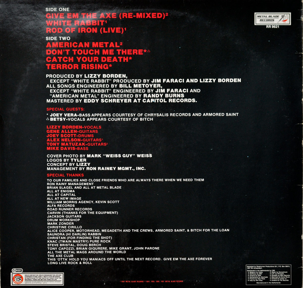 Back cover of Lizzy Borden's 'Terror Rising' 12-inch Vinyl EP. The black background features red and white text detailing the tracklist, production credits, and special thanks. The Metal Blade Records logo and catalog number RR 9621 are in the top right corner. Special guests Joey Vera and Betsy Weiss are credited in a separate section.