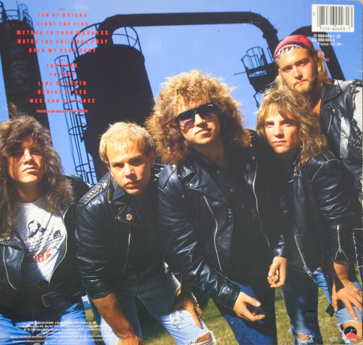 Back cover of Metal Church’s album The Dark featuring the band members in leather jackets and ripped jeans, posing in front of an industrial facility with silos and pipelines. Tracklist in bold red text on the left, barcode in the upper-right.