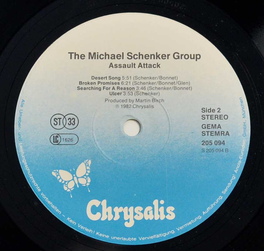 Side Two Close up of record's label MSG MICHAEL SCHENKER GROUP - Assault Attack 12" Vinyl LP Album