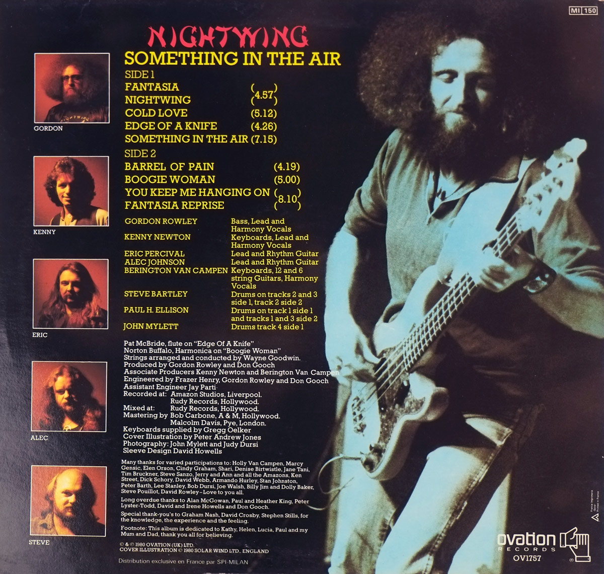 The back cover of 'Something in the Air' by Nightwing features a sepia-toned photograph of bassist Gordon Rowley playing his instrument. 
        His large, curly afro and beard make him a striking figure, and the lighting casts dramatic shadows on his face and bass guitar. To the left, 
        band members' portraits are arranged vertically in red-bordered boxes with their names in bold yellow text. The tracklist is displayed in bright yellow letters, 
        contrasting against the dark background. At the bottom, Ovation Records' logo and the album's catalog number, OV1757, are printed.
