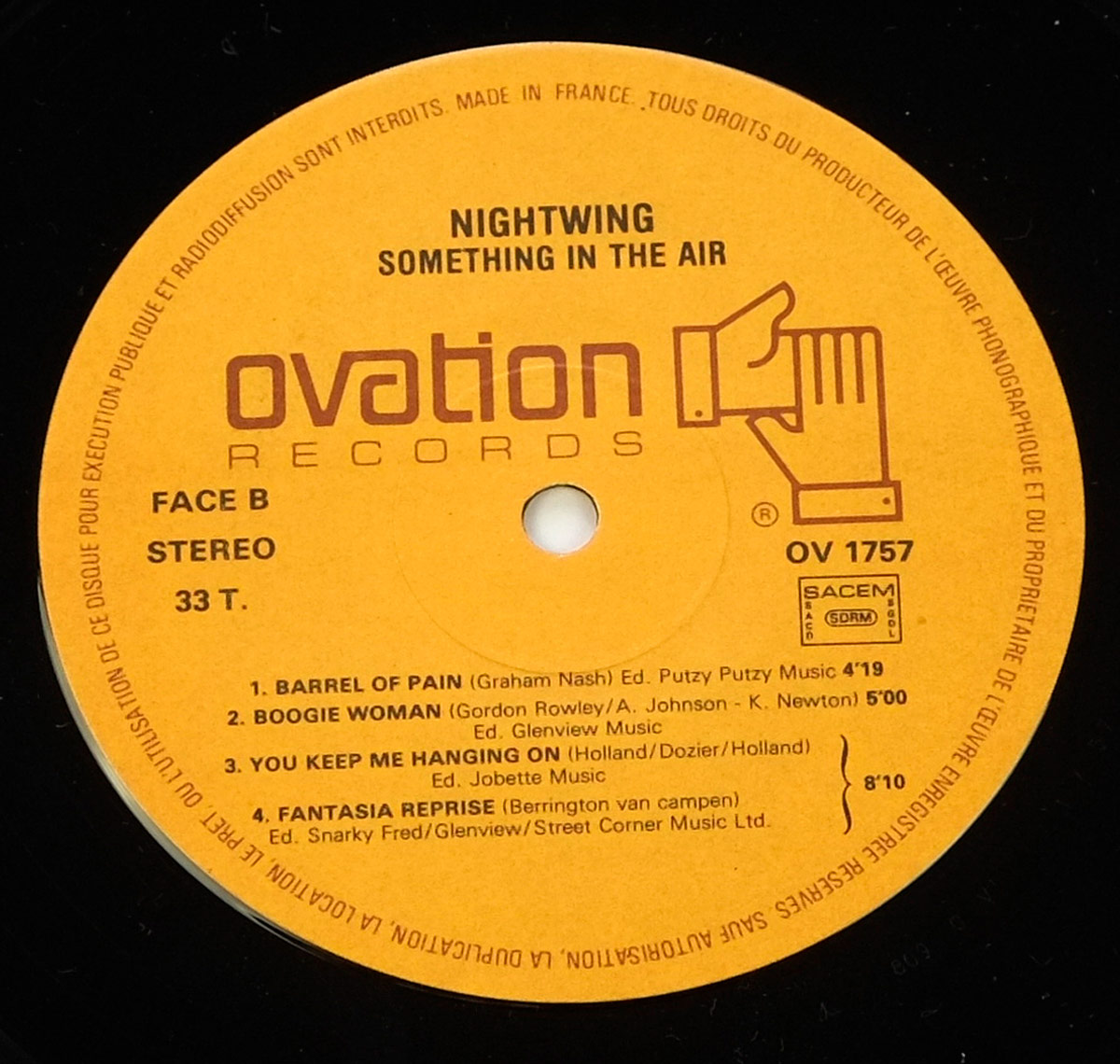 Close up of record's label NIGHTWING - Something in the Air 12" LP ALBUM VINYL  Side Two