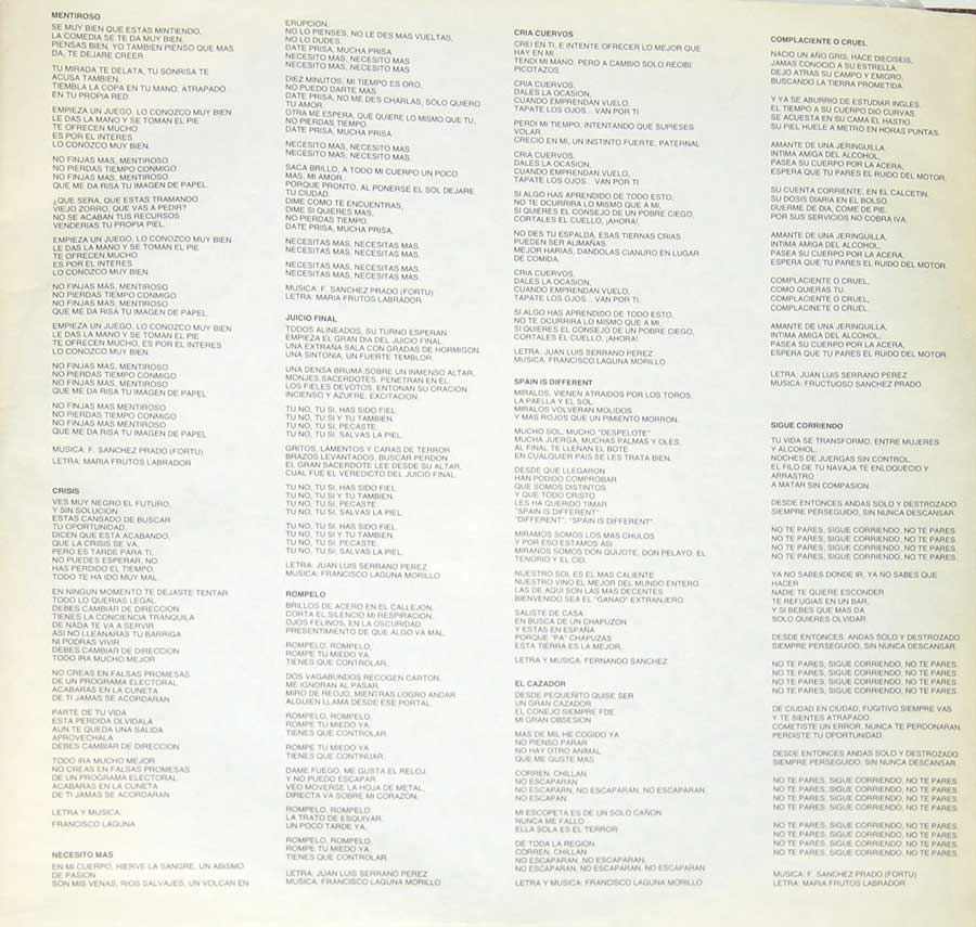Lyrics of "Dejarse El Piel" printed on the original custom inner sleeve 