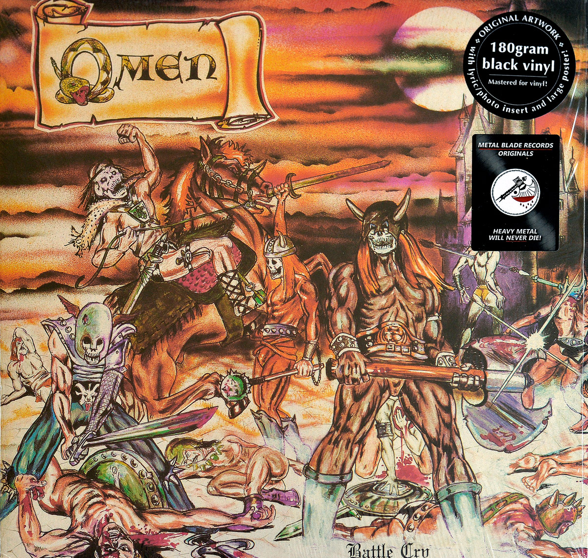 OMEN - Battle Cry front cover artwork: A brutal fantasy battle scene with demonic warriors, skeletal knights, and fallen warriors, set in a fiery battlefield with a dark fortress in the background. Features original 180-gram vinyl sticker and Metal Blade Records emblem. Visit https://vinyl-records.nl
