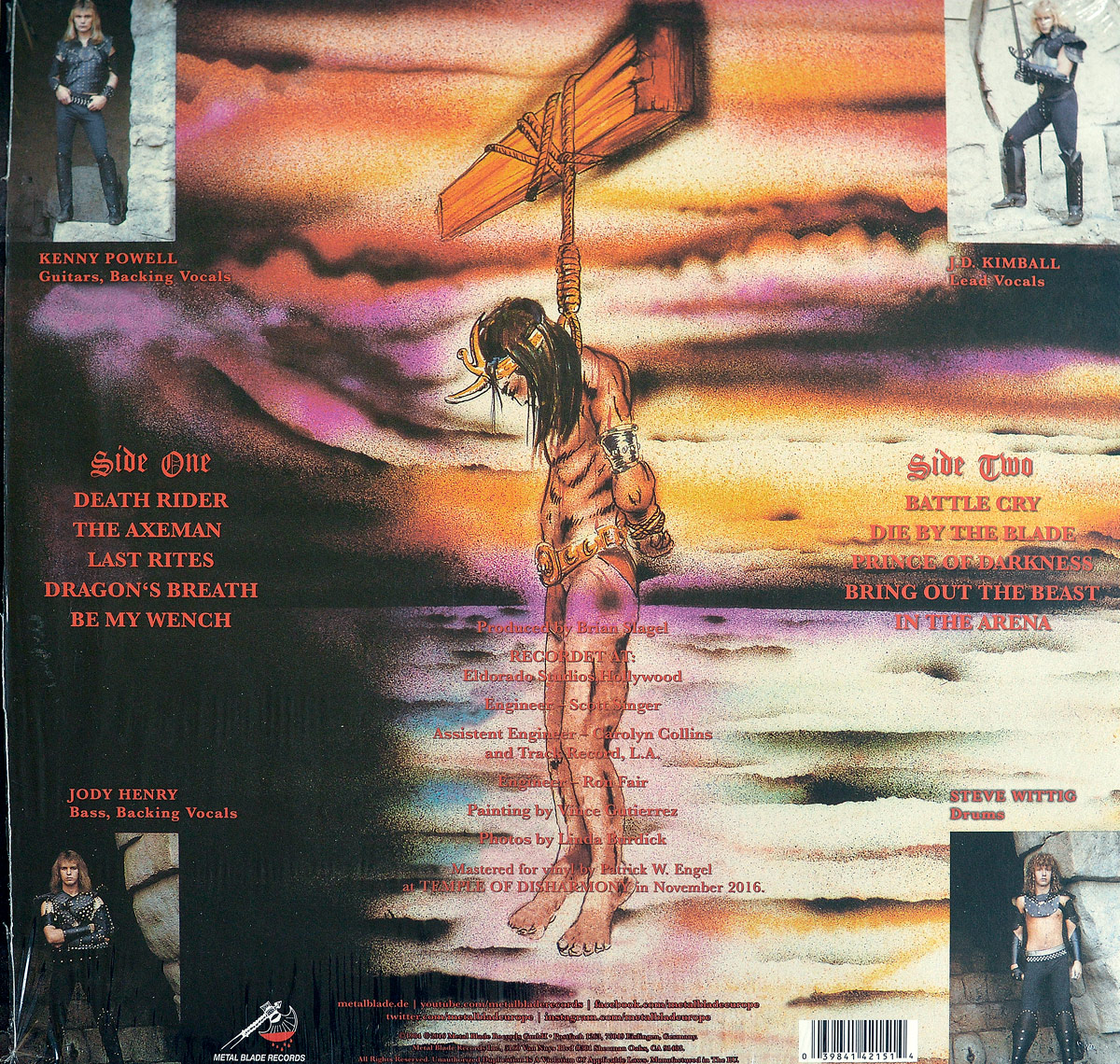 OMEN - Battle Cry album back cover: A chained, horned warrior crucified on a wooden cross under a fiery sky, with tracklist and band member photos. Visit https://vinyl-records.nl
