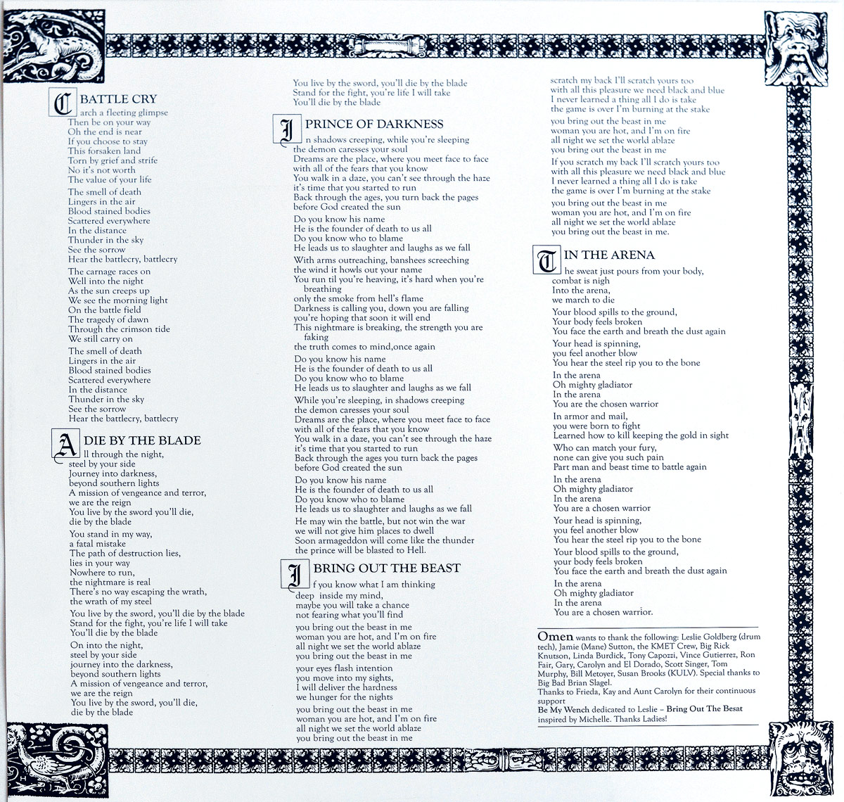 OMEN - Battle Cry lyrics insert: A detailed sheet featuring lyrics of tracks like 'Battle Cry,' 'Die by the Blade,' 'Prince of Darkness,' and more, framed with medieval-style borders. Visit https://vinyl-records.nl