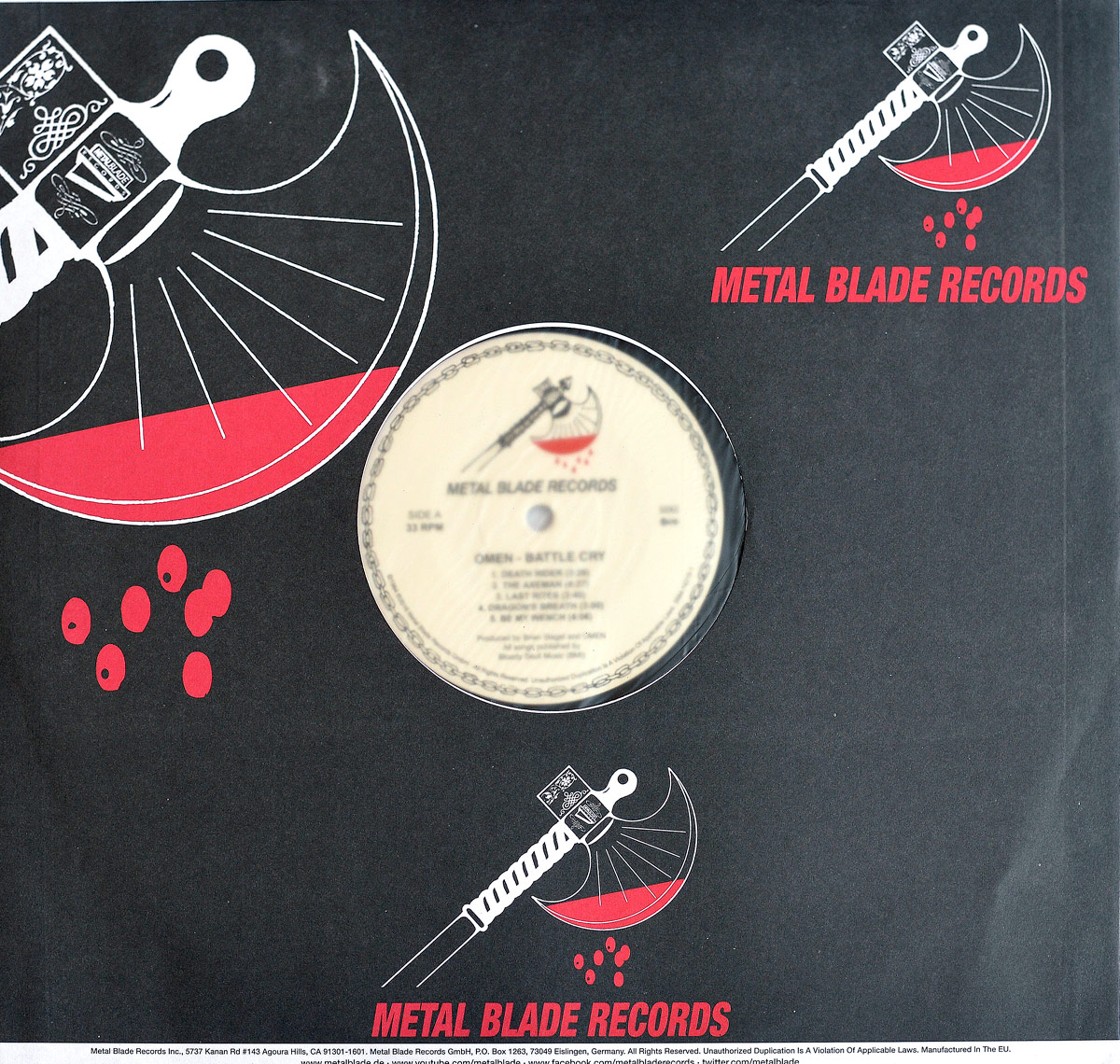 OMEN - Battle Cry custom inner sleeve with Metal Blade Records artwork, featuring a blood-dripping battle axe and record label details. Visit https://vinyl-records.nl