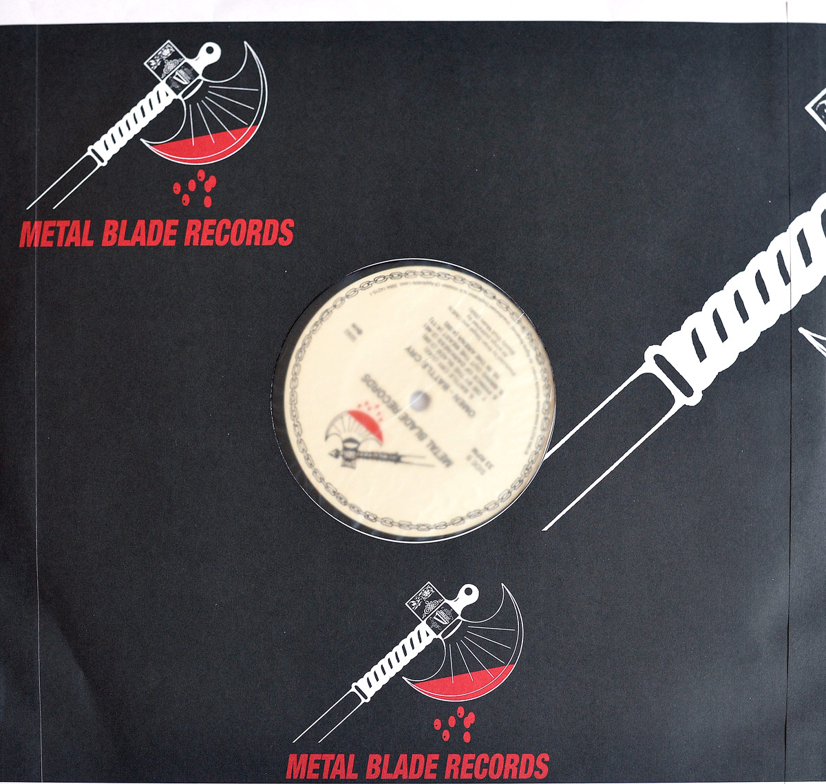 OMEN - Battle Cry custom inner sleeve (Side Two) with Metal Blade Records branding and blood-dripping axe logo. Visit https://vinyl-records.nl