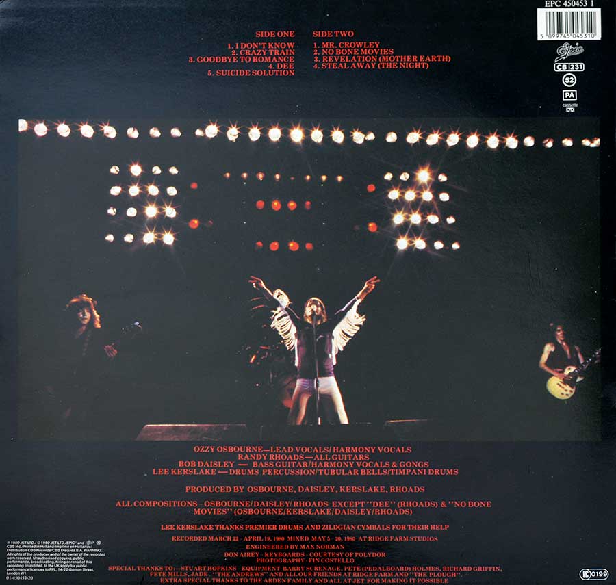 OZZY OSBOURNE - Blizzard of OZZ 12" Vinyl LP Album  back cover