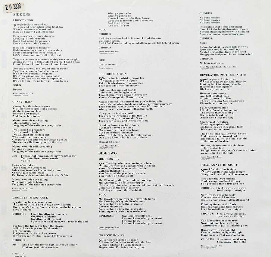 OZZY OSBOURNE - Blizzard of OZZ 12" Vinyl LP Album  custom inner sleeve