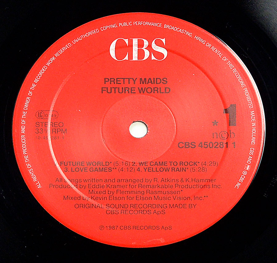 Close-up Photo of Record Label PRETTY MAIDS - FUTURE WORLD Danish Heavy Metal 
