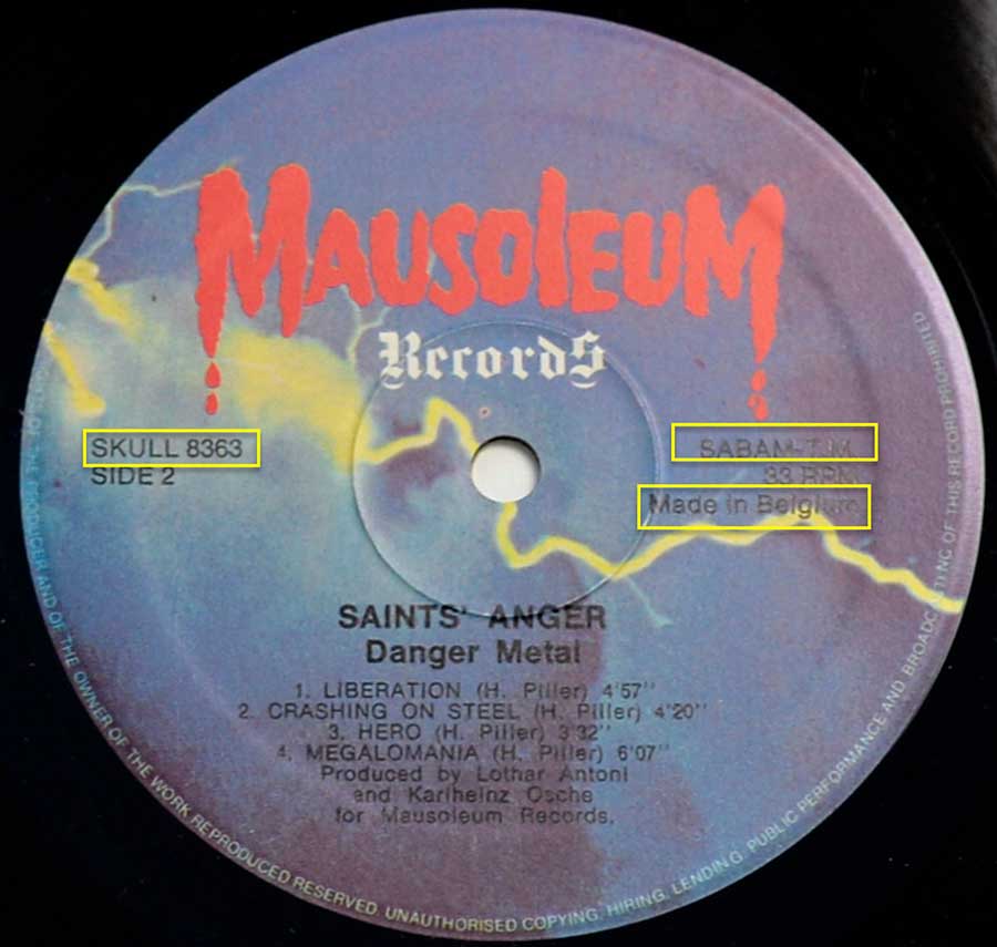 Close up of record's label SAINTS ANGER - Danger Metal Side Two