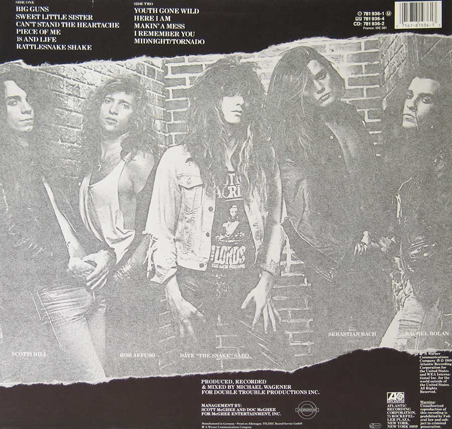 Photo of album back cover SKID ROW - S/T Self-Titled Heavy Metal 12" Vinyl LP