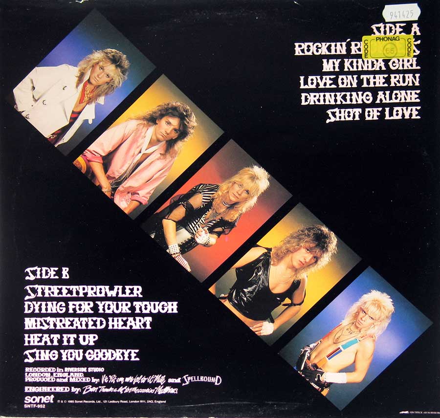 Back cover of Spellbound's Rockin' Reckless album, featuring individual portraits of the five band members against colorful backgrounds, along with the tracklist for Side A and Side B