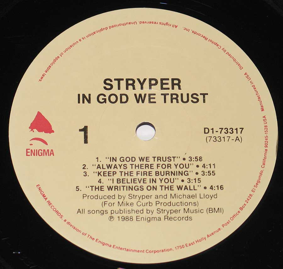 Close up of record's label STRYPER - In God We Trust Side One