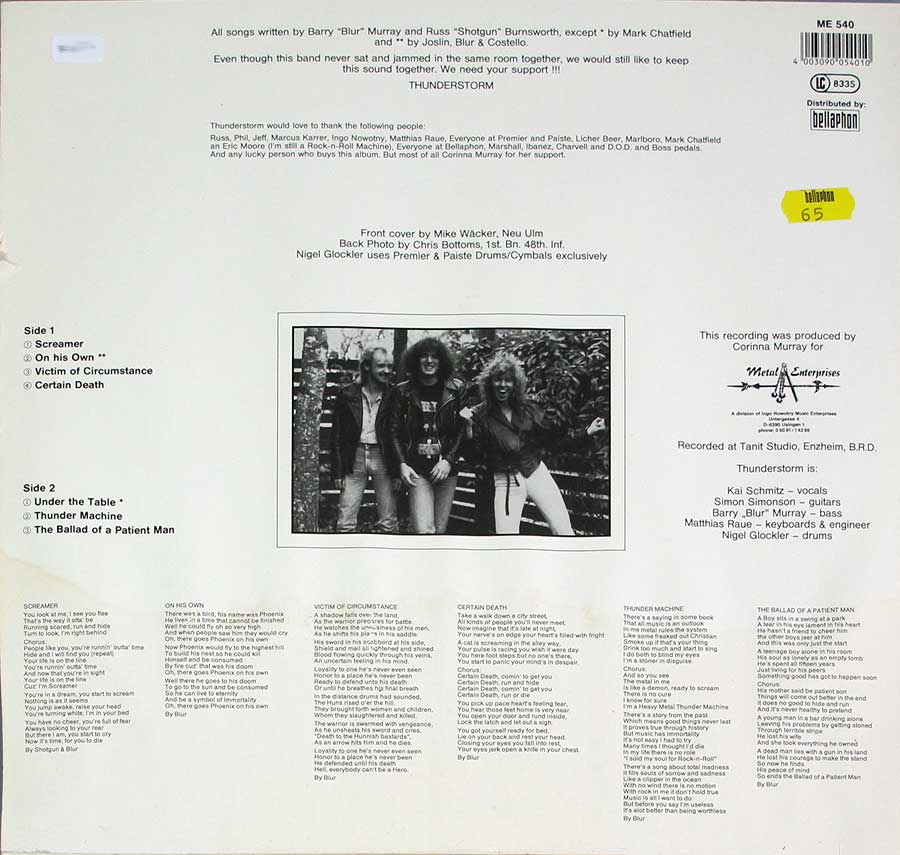 THUNDERSTORM - Snafu S.N.A.F.U 12" LP Vinyl Album back cover