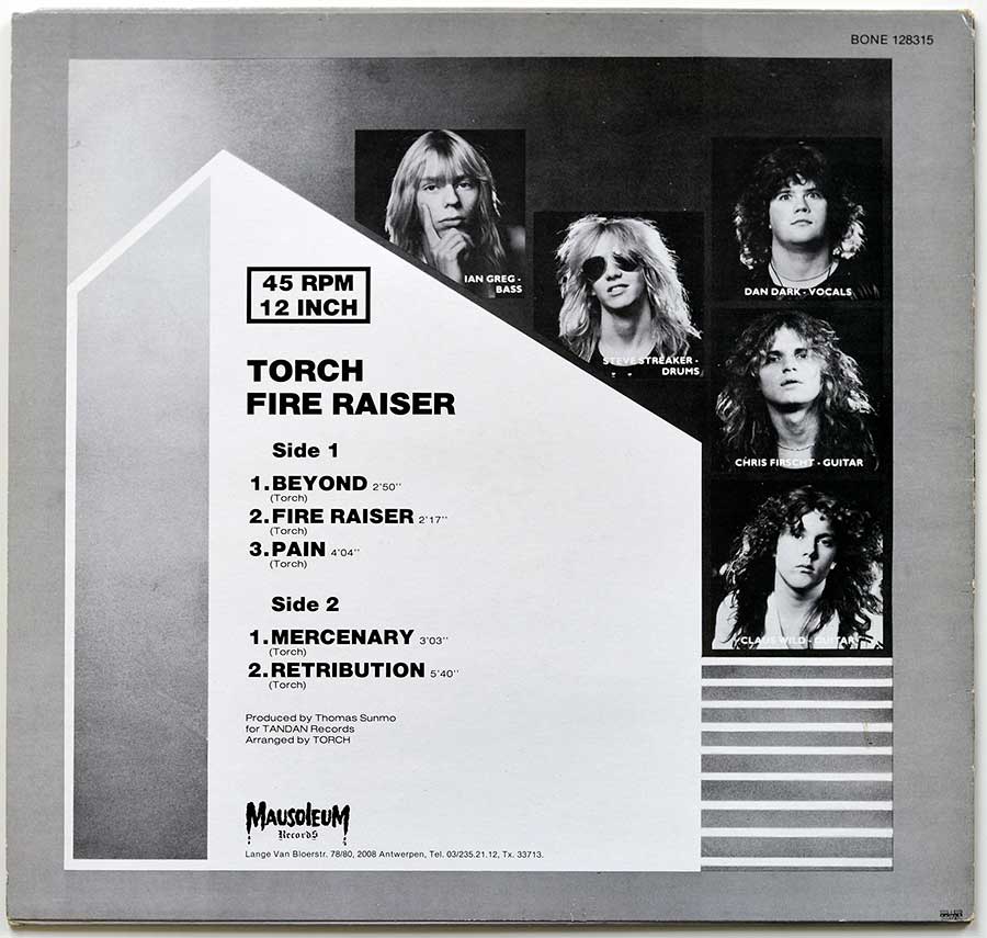 Portrait Photos of "Torch" band-members on the Album Back Cover  Photo of "TORCH Fire Raiser"