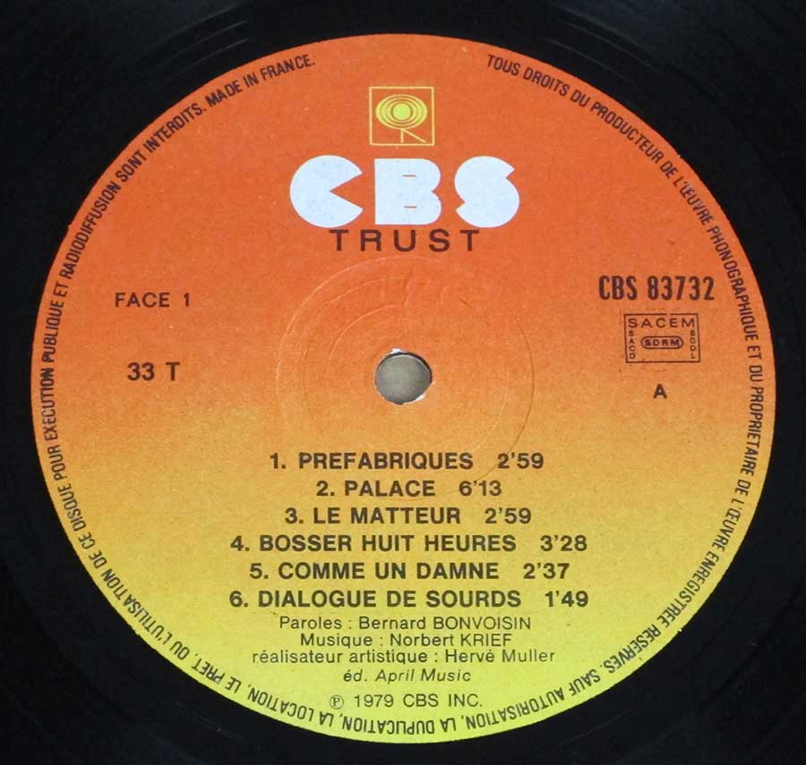 Close-up Photo of "TRUST - S/T Self-Titled Original France" Record Label 