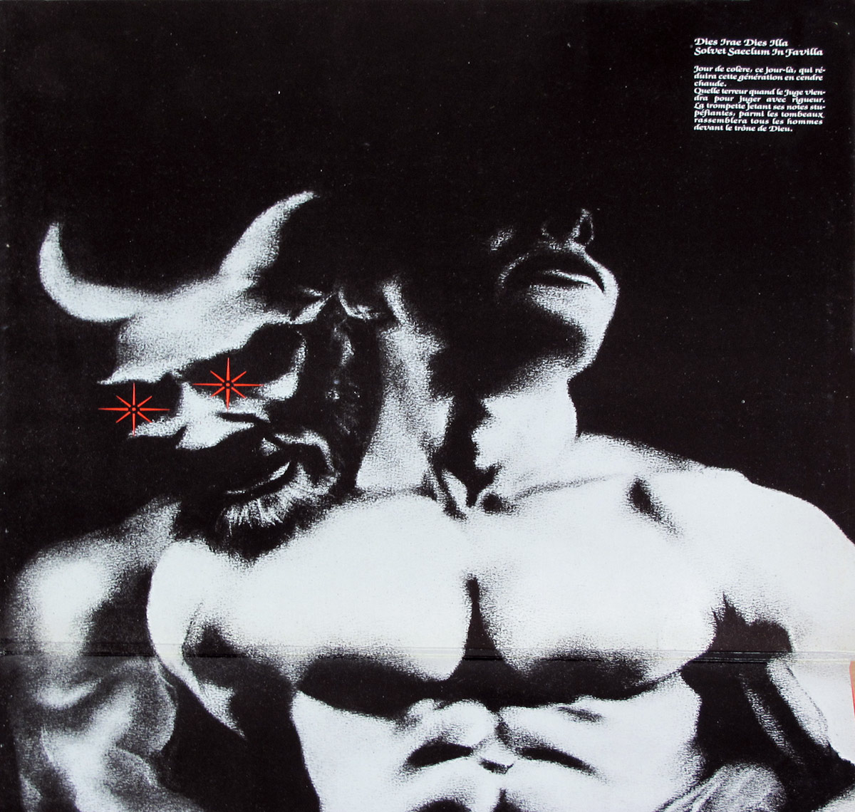 Inner sleeve artwork of TRUST’s Idéal showing a high-contrast black-and-white image of a muscular male torso and head thrown back, eyes marked with red star symbols, against a black background.