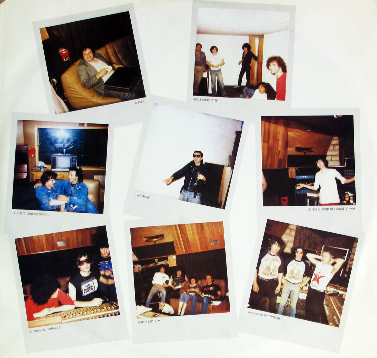 Inner sleeve collage from TRUST’s Idéal showing multiple Polaroid-style studio photos arranged loosely on a white background, capturing candid moments of band members and crew inside a recording studio.
