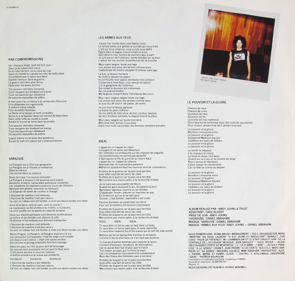 Inside gatefold of TRUST’s Idéal showing dense French lyrics laid out in columns, production credits at the bottom, and a small Polaroid-style studio photo on the right, all printed on a white background.