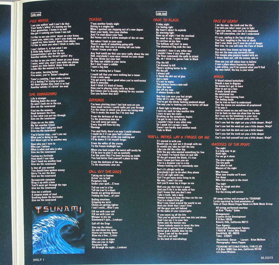 TSUNAMI - Self-Titled Gatefold Cover Enigma Records 12" LP Vinyl Album inner gatefold cover