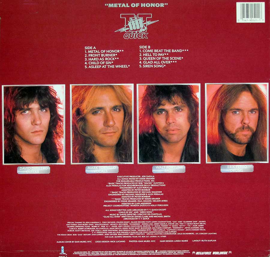 Back cover of TT Quick’s Metal of Honor album featuring a red background with the album title and band logo at the top, followed by individual portraits of the band members: David DiPietro (Guitar), Mark Tornillo (Vocals), Walt Fortune (Bass), and Erik Ferro (Drums). Below the photos are detailed production credits, acknowledgments, and special thanks, with the Megaforce Worldwide logo and a barcode in the top right corner.