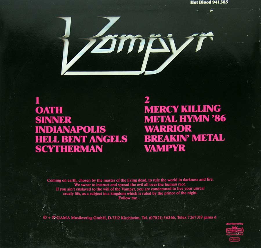 VAMPYR - Cry Out For Metal 12" Vinyl LP Album
 back cover