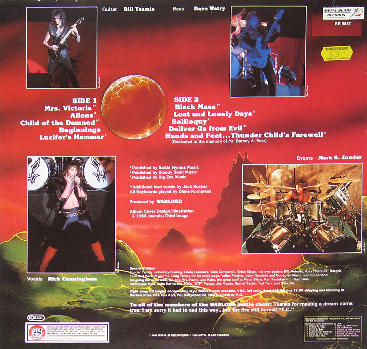 The back cover of 'Thy Kingdom Come' by Warlord features a deep red and black cosmic background with a glowing, cracked sphere at the center. It showcases the full tracklist split into Side 1 and Side 2, band member credits, and photos of Bill Tsamis, Dave Watry, Mark S. Zonder, and Rick Cunningham in dynamic live and posed shots. Additional production and publishing details are displayed along with a dedication to Barney A. Ross.