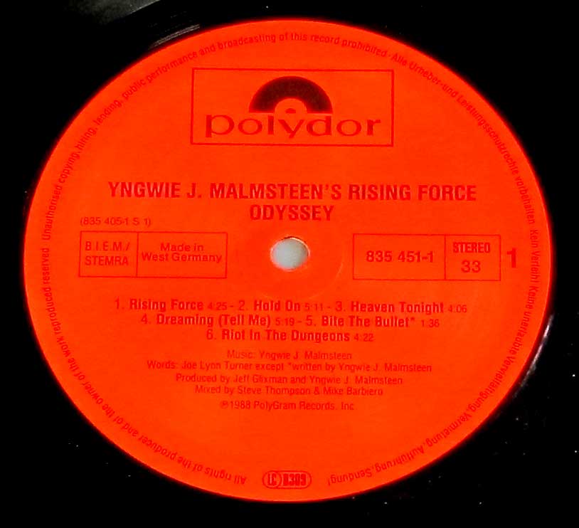 Photo of "YNGWIE J. MALMSTEEN RISING FORCE - Odyssey" Red Polydor Record Label