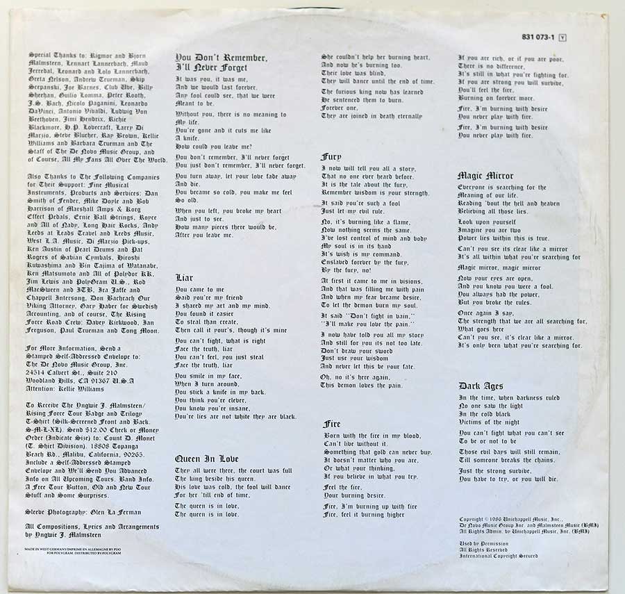Photo Two of the original custom inner sleeve  YNGWIE MALMSTEEN - Trilogy 12" Vinyl LP