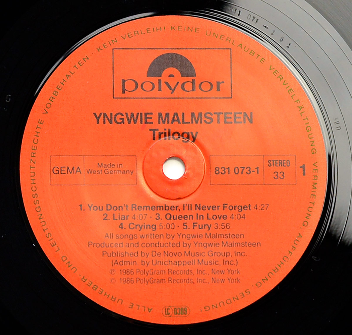 Photo of Side One of YNGWIE MALMSTEEN - Trilogy 12" Vinyl LP 