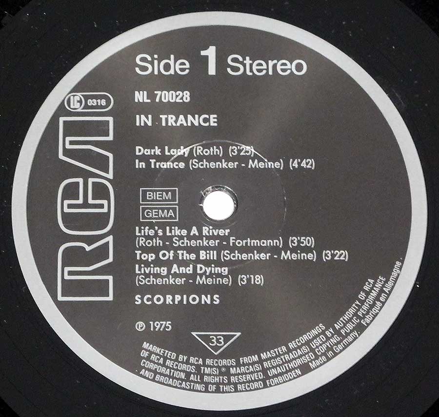 Close up of record's label SCORPIONS - In Trance Uncensored Album cover Side One