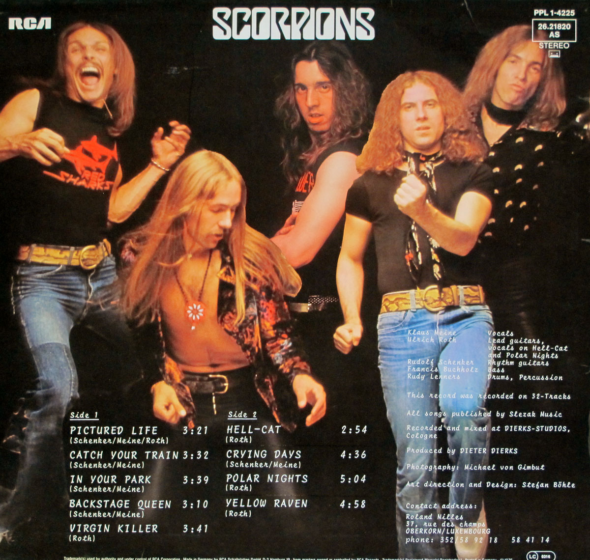 Back cover of Scorpions’ Virgin Killer album featuring a group photo of the band members in dynamic poses, styled in 1970s rock fashion with long hair, leather, and denim, along with album credits and the RCA logo.