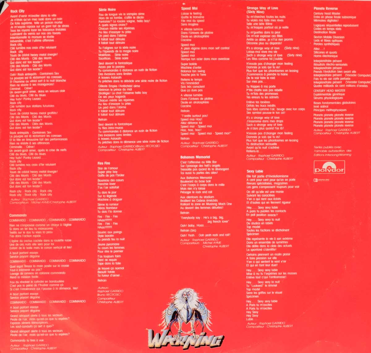 Lyrics Printed on the Inner Sleeve   of WARNING II - French Heavy Metal Album