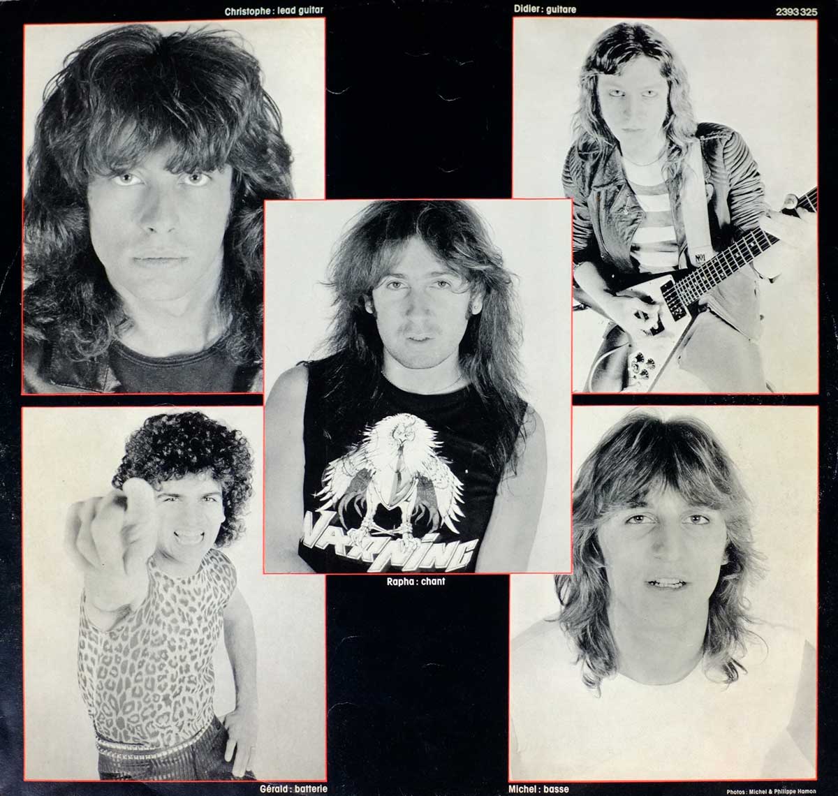 inner sleeve collage of Warning II album with black-and-white portraits of the band members, featuring Rapha in the center wearing a Warning logo shirt, flanked by Christophe, Didier, Gérald, and Michel.