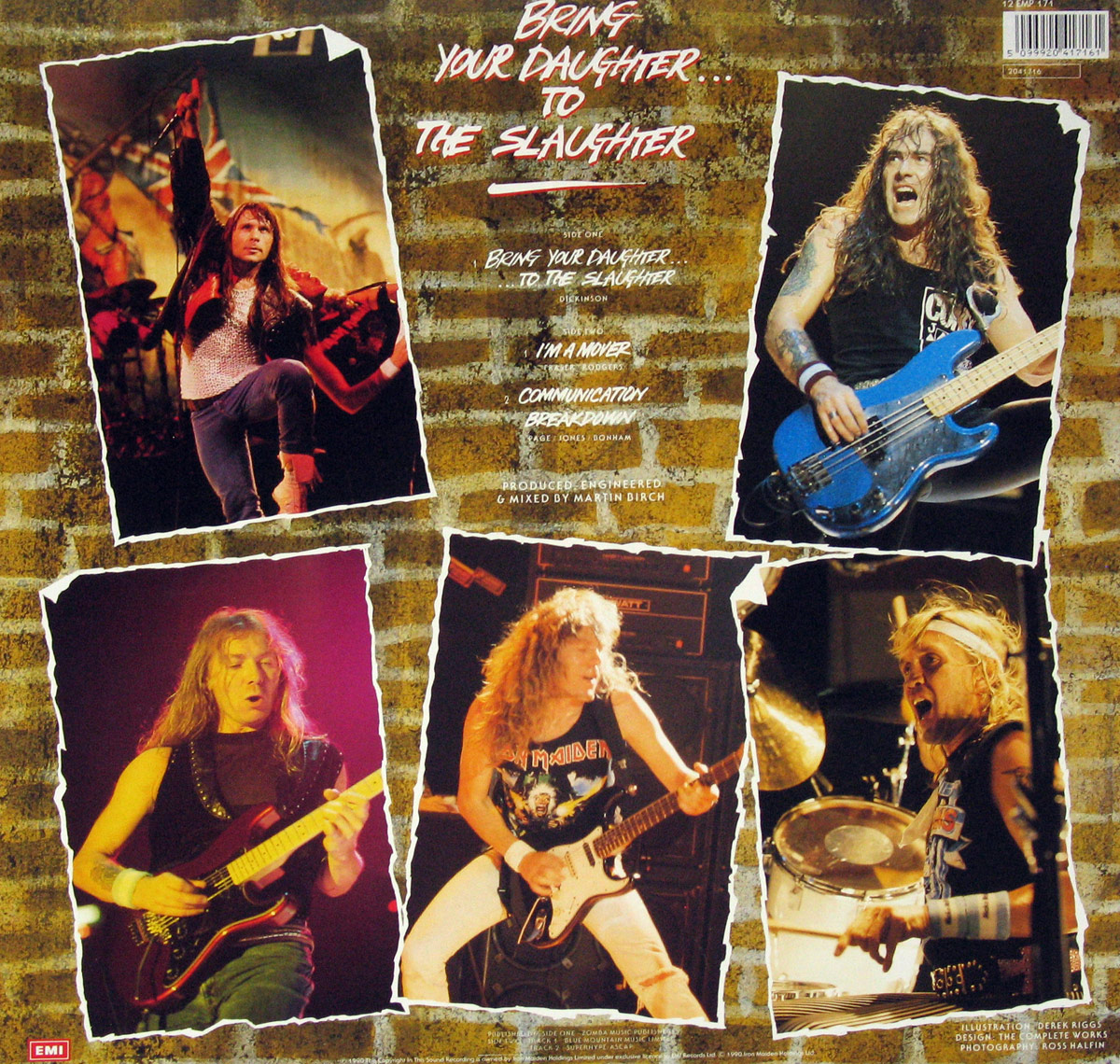 Back cover of Iron Maiden's 'Bring Your Daughter to the Slaughter' 12-inch maxi-single. Features a gritty brick wall background with ripped photo-style images of the band performing live. Includes tracklist details in white and red stylized text, credits for production, and EMI logo. Dynamic shots of Bruce Dickinson, Steve Harris, Janick Gers, Dave Murray, and Nicko McBrain in action.