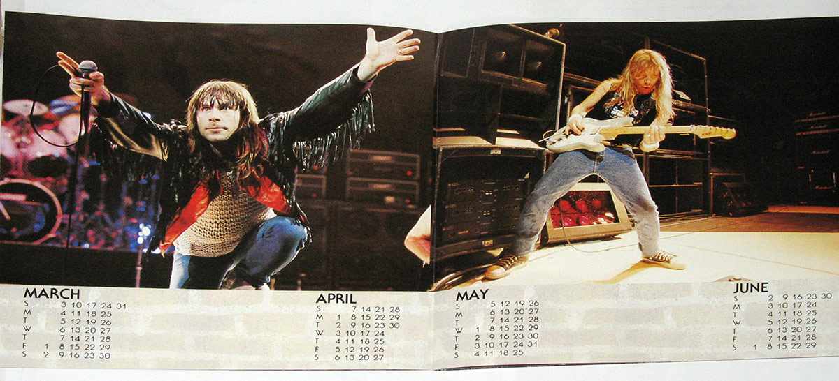 Inner gatefold of Iron Maiden's 'Bring Your Daughter to the Slaughter' 12-inch maxi-single. Features dynamic live concert photos of Bruce Dickinson and Janick Gers. A calendar for March to June is printed at the bottom. Bruce, wearing a fringed black and red jacket, reaches toward the audience, while Janick plays his white guitar in a wide stance. The background includes stage lights and amplifiers.