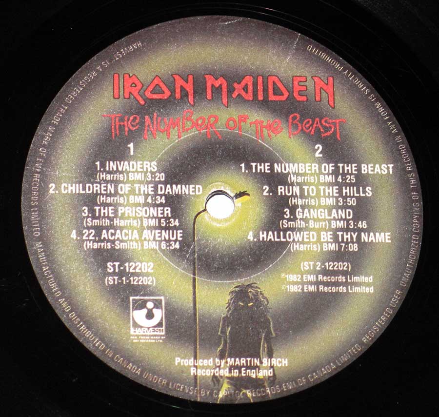 Close-up of the Harvest / EMI Record label of the Canadian release of "The Number of the Beast" by "Iron Maiden"