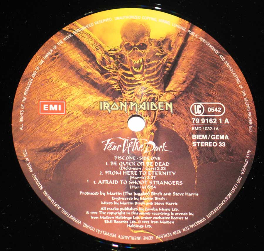 "Fear of the Dark" Record Label Details: EMI 79 9162, Unboxed BIEM/GEMA 