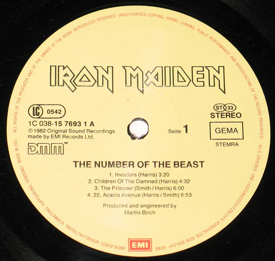 IRON MAIDEN - Number Of The Beast Lyrics Sleeve Fame EEC 12" Vinyl LP enlarged record label