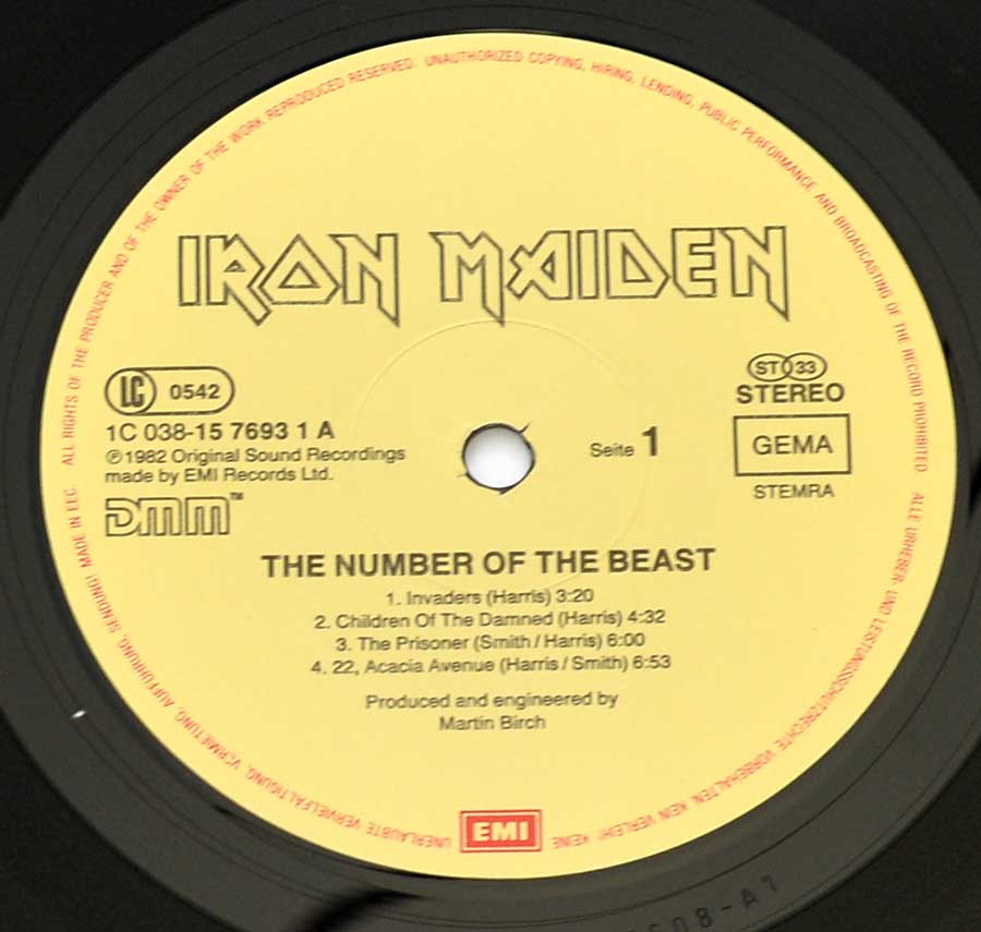 IRON MAIDEN The Number Of The Beast EEC Pressing 12" LP ALBUM VINYL  enlarged record label