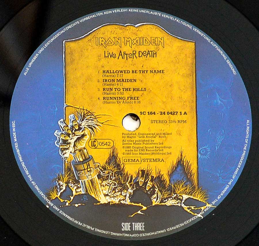 Close up of record's label IRON MAIDEN - Live After Death 2LP (incl. Booklet) (Europe) Side Three