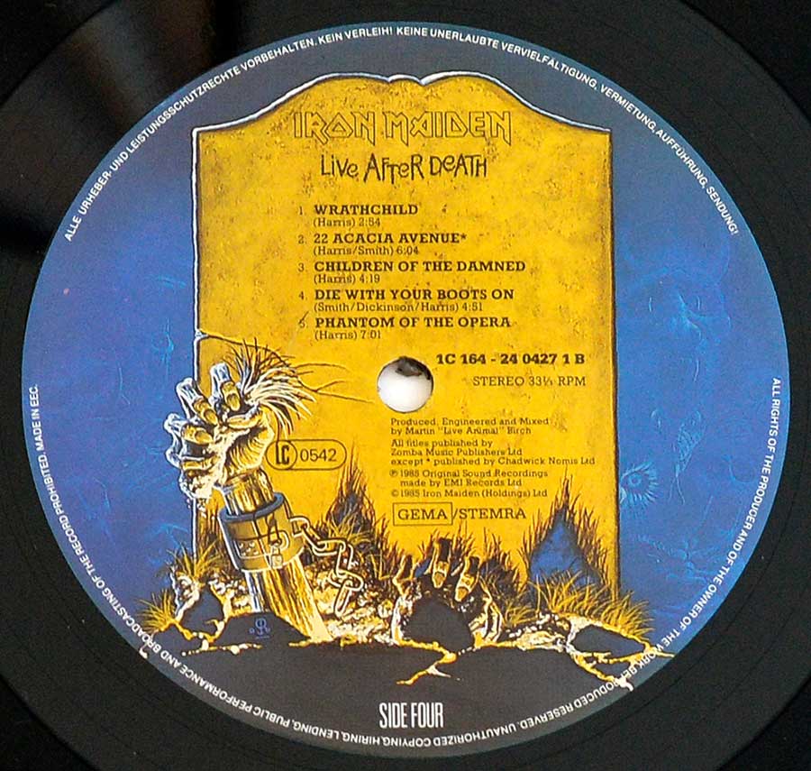 Close up of record's label IRON MAIDEN - Live After Death 2LP (incl. Booklet) (Europe) Side Four