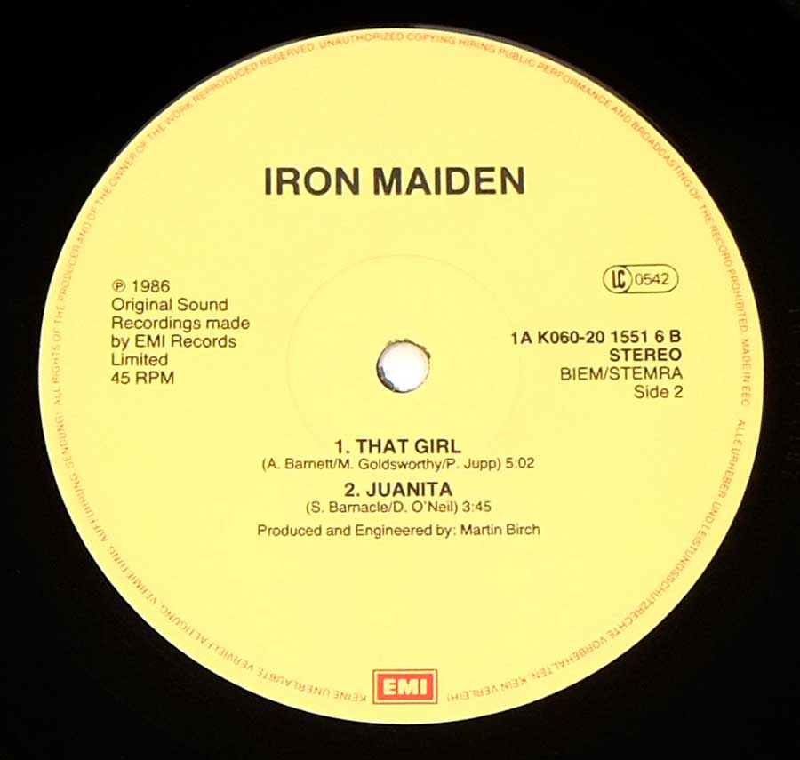 Close up of record's label IRON MAIDEN - Stranger in A Strange Land 12" Maxi Side Two