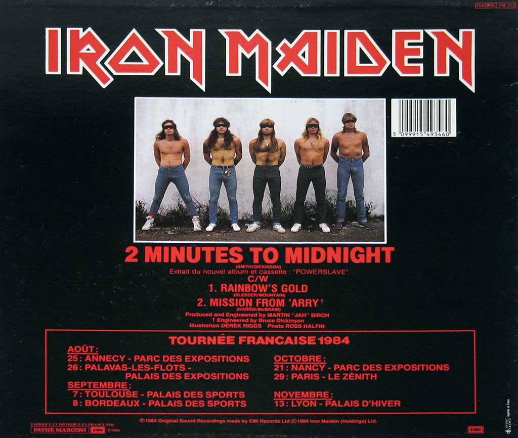Back cover of 2 Minutes 2 Midnight with a photo of the blind-folded band-members.  