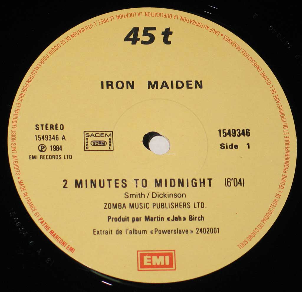 Close-up photo of the 45T Record Label "2 Minutes 2 Midnight"  